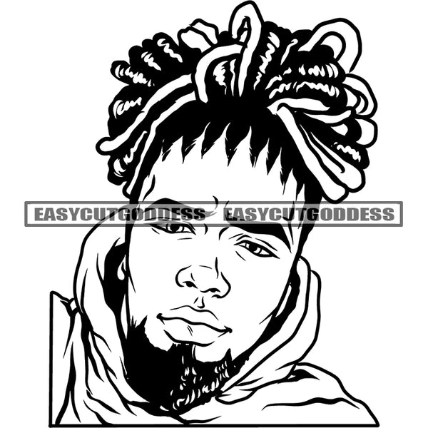 Dreadlock Hoodie Black And White Bearded Man Locus Hairstyle Artwork Design Element SVG JPG PNG Vector Clipart Cricut Silhouette Cut Cutting