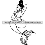 Afro Mermaid Stencil Stock Black And White Mermaid Artwork Afro Hairstyle Wearing Hoop Earing Design Element BW SVG JPG PNG Vector Clipart Cricut Silhouette Cut Cutting