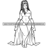 African American Plus Size Woman Standing Black And White Model Artwork Wearing Sexy Dress Locus Hairstyle Design Element SVG JPG PNG Vector Clipart Cricut Silhouette Cut Cutting