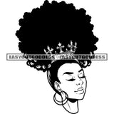 Black And White African American Woman Face Artwork Wearing Hoop Earing Close Eyes Crown On Head Vector BW SVG JPG PNG Vector Clipart Cricut Silhouette Cut Cutting