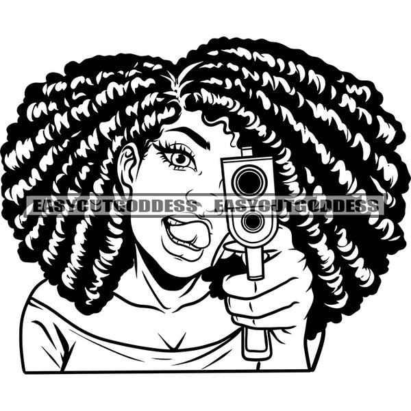 African American Sexy Woman Holding Gun Locus Hairstyle Design Element Tongue Out Of Mouth Sexy Pose BW SVG JPG PNG Vector Clipart Cricut Silhouette Cut Cutting