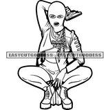 Gangster African American Sexy Woman Sitting Pose Holding Gun Wearing Face Musk Vector Design Element Long Hairstyle Smile Face SVG JPG PNG Vector Clipart Cricut Silhouette Cut Cutting