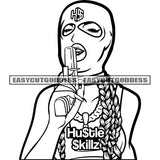 Hustle Skillz Quote Gangster African American Woman Holding Gun Wearing Face Musk Vector Design Element Long Hairstyle Smile Face SVG JPG PNG Vector Clipart Cricut Silhouette Cut Cutting
