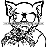 Gangster Scarface Cat Hand Holding Money Note Vector BW Artwork Design Element Cat Wearing Earing And Sunglasses Design Element SVG JPG PNG Vector Clipart Cricut Silhouette Cut Cutting