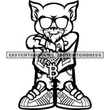 Gangster Old Scarface Cat Holding Hand Wearing Sunglasses Smile Face Design Element Black And White Artwork SVG JPG PNG Vector Clipart Cricut Silhouette Cut Cutting