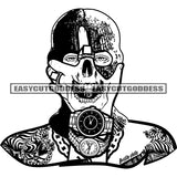 Skull Skeleton Head Wearing Watch Design Element Skull Skeleton Head Design On Hand Wearing Helmet Vector BW Artwork SVG JPG PNG Vector Clipart Cricut Silhouette Cut Cutting