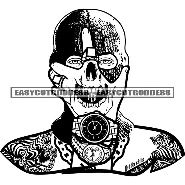Skull Skeleton Head Wearing Watch Design Element Skull Skeleton Head Design On Hand Wearing Helmet Vector BW Artwork SVG JPG PNG Vector Clipart Cricut Silhouette Cut Cutting