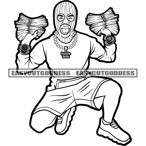 Gangster Man Wearing Musk Hand Holding Money Bundle Design Element Wearing Lot Of Watch And Chain Tongue Out Of Mouth BW Artwork SVG JPG PNG Vector Clipart Cricut Silhouette Cut Cutting