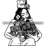 African American Woman Holding Lot Of Money Bundle Afro Woman Face Design Element BW Artwork Money Bundle On Head SVG JPG PNG Vector Clipart Cricut Silhouette Cut Cutting