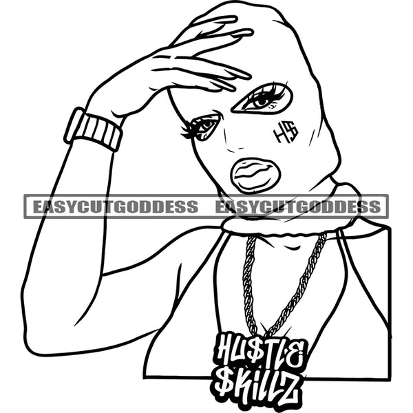 Sexy African American Woman Wearing Musk Hand On Head Vector BW Artwork Afro Woman Long Nail SVG JPG PNG Vector Clipart Cricut Silhouette Cut Cutting