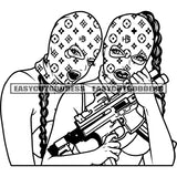 Two African American Woman Hand Holding Gun Weapon Wearing Musk Long Hairstyle Design Element BW Artwork SVG JPG PNG Vector Clipart Cricut Silhouette Cut Cutting