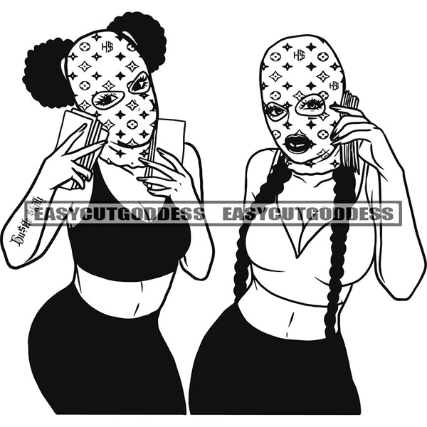 African American Woman Hand Holding Money And Phone Take Selfie Pose Wearing Face Musk Design Element Sexy Afro Woman SVG JPG PNG Vector Clipart Cricut Silhouette Cut Cutting