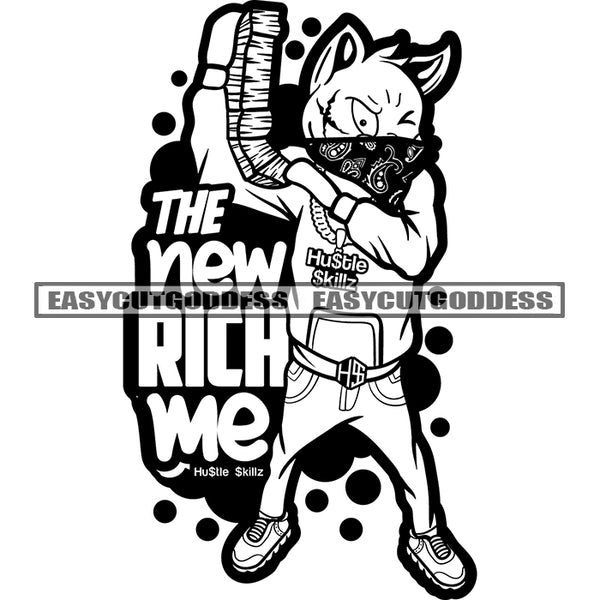 The New Rich Me Quote African American Scarface Cat Holding Lot Of Money Bundle Design Element Cat Hide Face BW Artwork SVG JPG PNG Vector Clipart Cricut Silhouette Cut Cutting