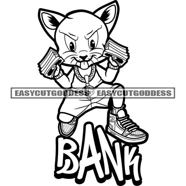Bang Quote Gangster Scarface Cat Holding Lot Of Money Bundle Vector Smile Face Cat Sitting Pose Design Element BW Artwork SVG JPG PNG Vector Clipart Cricut Silhouette Cut Cutting