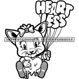 Heart Less Quote Cute Cat Baby Holding Quote Balloon Smile Face Design Element BW Artwork SVG JPG PNG Vector Clipart Cricut Silhouette Cut Cutting