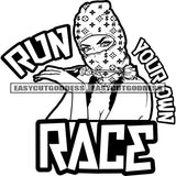 Run Your Own Race Quote African American Woman Wearing Face Musk Afro Long Hairstyle Rose Flower On Hand Design Element SVG JPG PNG Vector Clipart Cricut Silhouette Cut Cutting