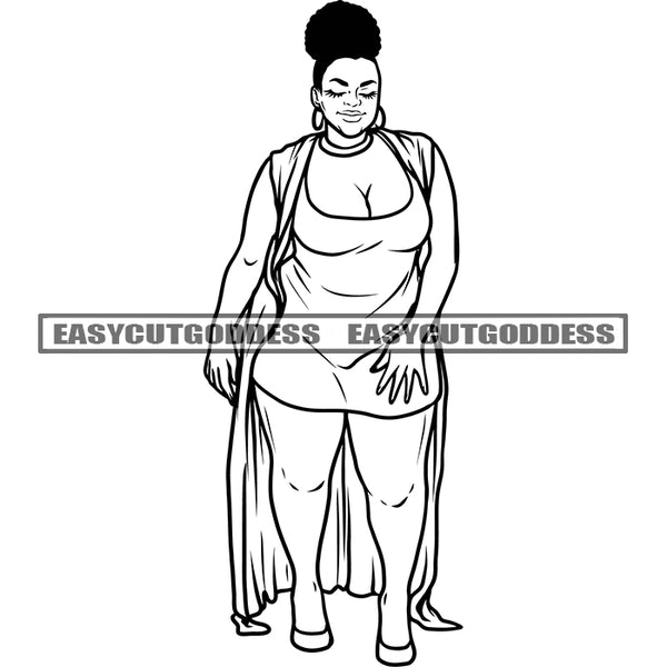 Black And White African American Sexy Woman Close Eyes Design Element BW Artwork Afro Short Hairstyle Wearing Hoop Earing SVG JPG PNG Vector Clipart Cricut Silhouette Cut Cutting