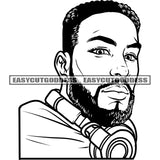 Young Man Side Face Design Element Wearing Head Phone African American Man Afro Short Hairstyle Black And White Artwork Smart Man Face Design SVG JPG PNG Vector Clipart Cricut Silhouette Cut Cutting