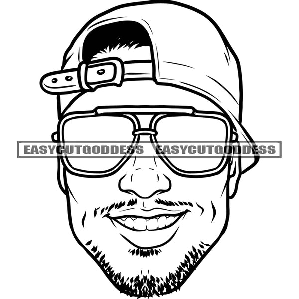 Smile Face Smart Young Man Wearing Sunglasses And Cap Black And White Artwork Smile Face Young Man Black And White Artwork SVG JPG PNG Vector Clipart Cricut Silhouette Cut Cutting