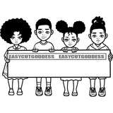 African American Baby Girls And Boys Standing And Holding Banner Afro Hairstyle Design Element Cute Face Black And White Artwork SVG JPG PNG Vector Clipart Cricut Silhouette Cut Cutting