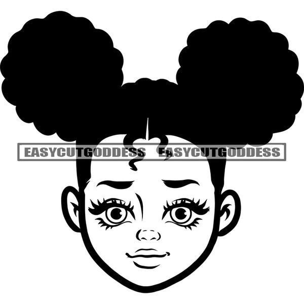 Cute African American Baby Girls Face Design Element Afro Girls Puffy Short Hairstyle BW Artwork SVG JPG PNG Vector Clipart Cricut Silhouette Cut Cutting