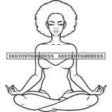 African American Sexy Woman Yoga Meditation Pose Wearing Bikini Afro Hairstyle Black And White Artwork SVG JPG PNG Vector Clipart Cricut Silhouette Cut Cutting