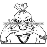 Funny Cartoon Character Smile Face Showing Finger And Teeth Vector Wearing Chain And Watch Cartoon Head Money Bag SVG JPG PNG Vector Clipart Cricut Silhouette Cut Cutting