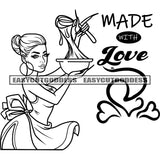 Made With Love Quote African American Chef Woman Cooking Holding Plate Vector BW Artwork Design Element SVG JPG PNG Vector Clipart Cricut Silhouette Cut Cutting