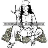 Swag Woman Sitting On Money Bundle Design Element African American Woman Wearing Cup Curly Hairstyle Beautiful Woman SVG JPG PNG Vector Clipart Cricut Silhouette Cut Cutting