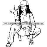 Swag Woman Sitting Pose  Design Element African American Woman Wearing Cup Woman Hand Long Nail Curly Hairstyle Beautiful Woman SVG JPG PNG Vector Clipart Cricut Silhouette Cut Cutting
