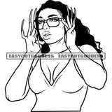 Sexy African American Woman Hand Holding Sunglass Afro Woman Curly Long Hairstyle Design Element Vector BW Artwork SVG JPG PNG Vector Clipart Cricut Silhouette Cut Cutting