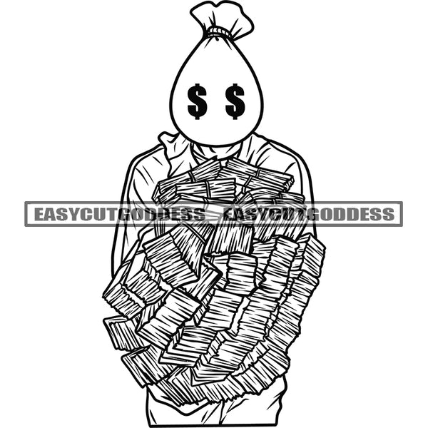 Funny Money Bag Cartoon Character Hand Holding Lot Of Money Bundle Design Element Black And White Artwork SVG JPG PNG Vector Clipart Cricut Silhouette Cut Cutting