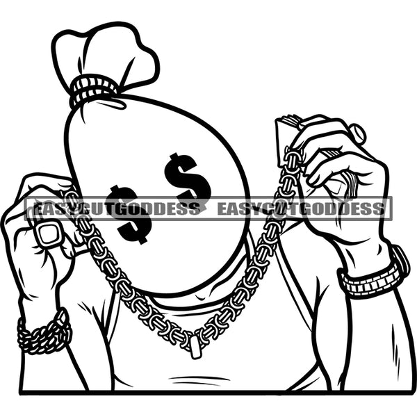 Funny Cartoon Character Hand Holding Gold Chain Vector Black And White Artwork BW Dollar Sign On Eyes SVG JPG PNG Vector Clipart Cricut Silhouette Cut Cutting