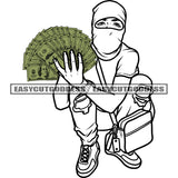 Gangster African American Man Hand Holding Money Note Wearing Face Musk Vector Hide Face Design Element Side Bag BW Artwork SVG JPG PNG Vector Clipart Cricut Silhouette Cut Cutting