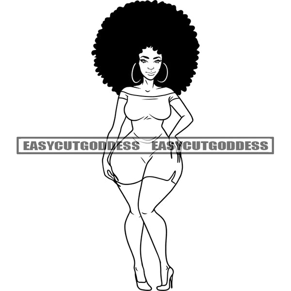 Black And White Artwork African American Woman Wearing Hoop Earing Afro Hairstyle Smile Face Design Element SVG JPG PNG Vector Clipart Cricut Silhouette Cut Cutting