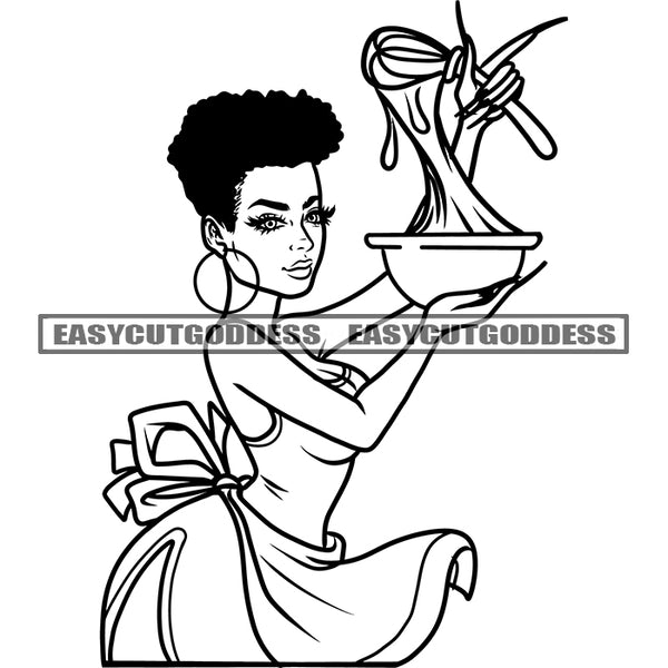 African American Chef Woman Holding Cook Dis Afro Short Hairstyle Wearing Hoop Earing Black And White Artwork Sexy Woman SVG JPG PNG Vector Clipart Cricut Silhouette Cut Cutting