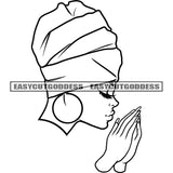 Hard Praying Hand Black And White Artwork African American Woman Wearing Head Scarf And Hoop Earing Design Element Side Face Look Artwork SVG JPG PNG Vector Clipart Cricut Silhouette Cut Cutting