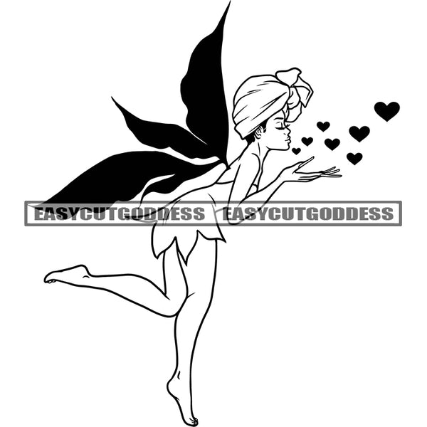 African American Butterfly Angle Design Element Cute Angle Heart Symbol Angle Wearing Head Scarf BW Artwork SVG JPG PNG Vector Clipart Cricut Silhouette Cut Cutting