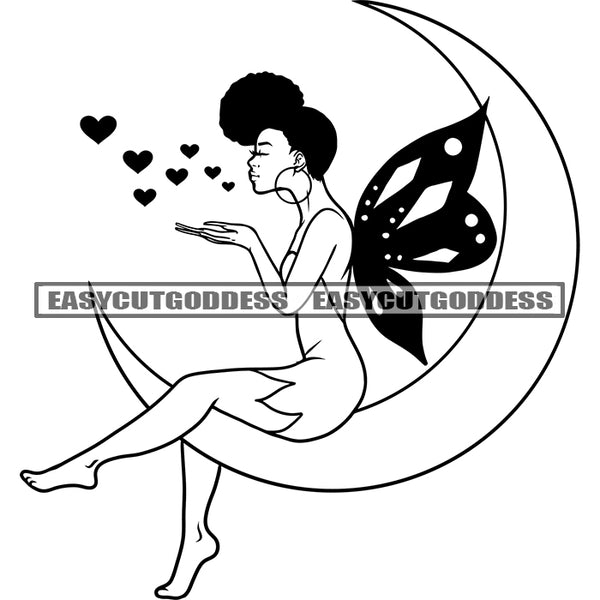 Beautiful Angle Sitting On Moon Afro Angle Wing Kissing Heart Symbol Vector Artwork Wearing Hoop Earing Afro Hairstyle SVG JPG PNG Vector Clipart Cricut Silhouette Cut Cutting