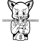 Gangster Scarface Cat Smile Face Hand Holding Money Bag Wearing Watch Design Element BW Artwork Silent Hand Sign SVG JPG PNG Vector Clipart Cricut Silhouette Cut Cutting