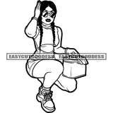 Black And White Artwork African American Woman Sitting Pose Wearing Sunglass Hand Holding Hand Bag Sexy Dress Long Nail SVG JPG PNG Vector Clipart Cricut Silhouette Cut Cutting