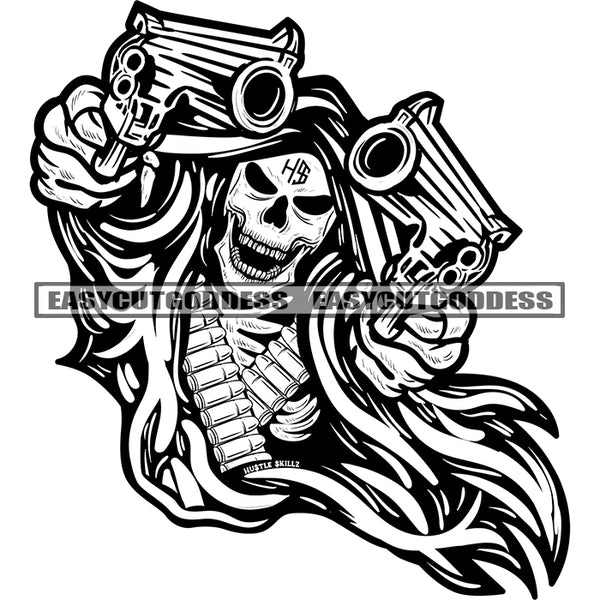 Skull Skeleton Hand Holding Gun Pistol Weapon Smile Face Wearing Hudi Bullet SVG JPG PNG Vector Clipart Cricut Silhouette Cut Cutting