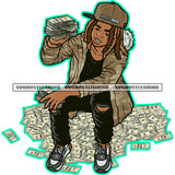 Young Gangster Melanin Boy Sitting On Money Vector Hand Holding Money Bundle Wearing Cap Locus Hair Style Design Element SVG JPG PNG Vector Clipart Cricut Cutting Files