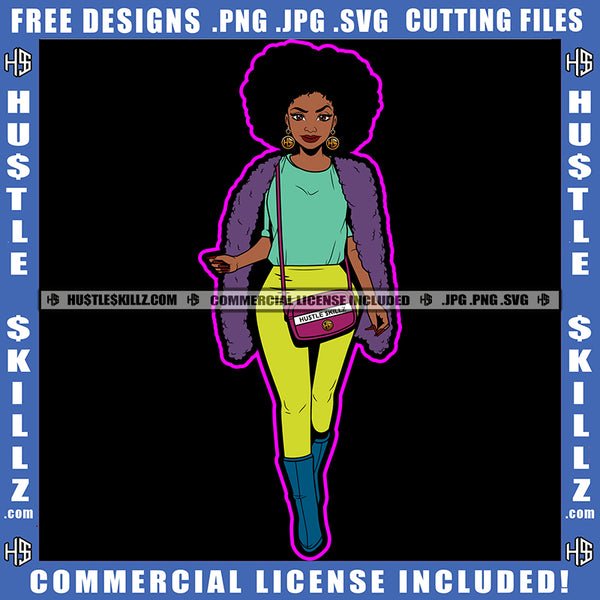 African American Beautiful Woman Melanin Girl Standing Wearing Cloth And Afro Hair Design Element Magic Ski Mask Gangster SVG JPG PNG Vector Clipart Cricut Cutting Files