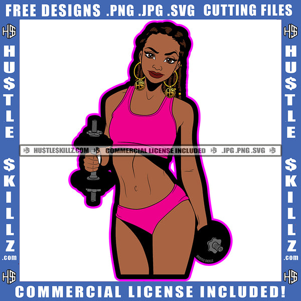 African American Beautiful Fitness Woman Holding Dumbbells Melanin Girl Bodybuilder Wearing Bikini Magic Ski Mask Gangster SVG JPG PNG Vector Clipart Cricut Cutting Files