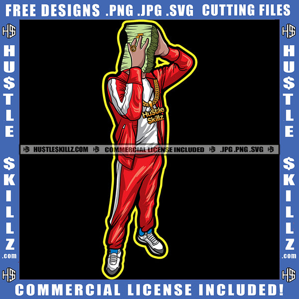 African American Man Standing By Holding Cash Money Bundle Man Wearing Dollars Chain Sneakers Track Suit Vector Design Element SVG JPG PNG Vector Clipart Cricut Cutting Files