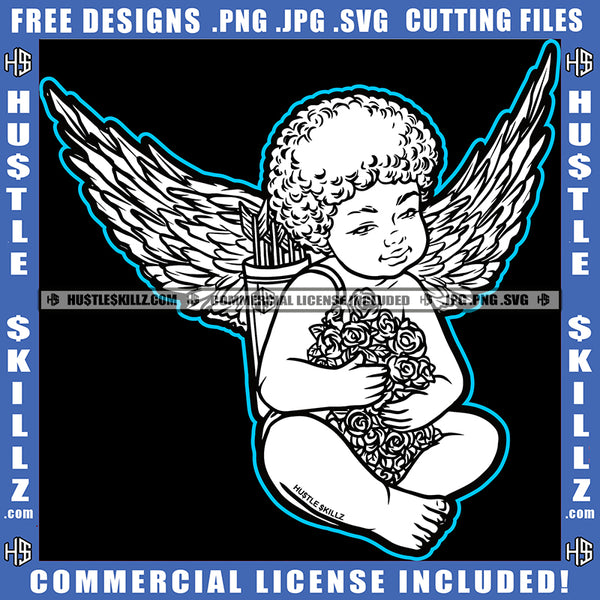 African American Baby Angle Setting On Floor Baby Holding Rose Flower Melanin Child Afro Hair SVG JPG PNG Vector Clipart Cricut Cutting Files