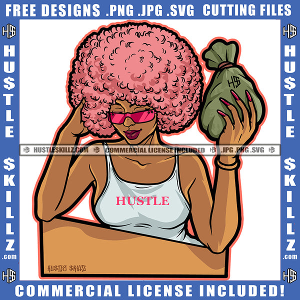 African American Bad Ass Women Color Vector Design Melanin Woman Design Element Money On Hand Waring Sunglass Curly Hair Hustler Circuit Cut Cutting Clipart JPG PNG SVG
