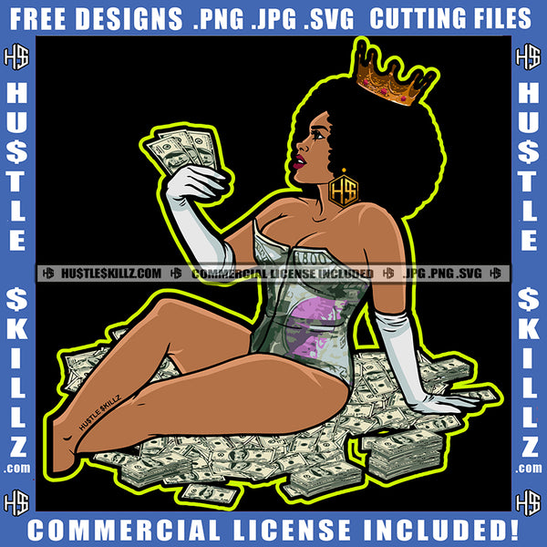 Melanin Woman Sitting On Money Color Design Element Nubian African American Women Wearing Crown Sexy Bad Ass Bundle Of Money Clipart JPG PNG SVG