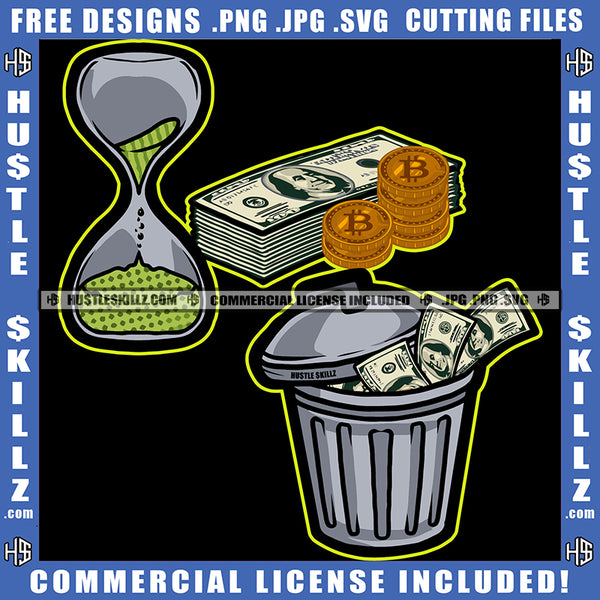Money West On Bucket Bitcoin And Money Bundle On Floor Time Machine Design Element SVG JPG PNG Vector Clipart Cricut Cutting Files